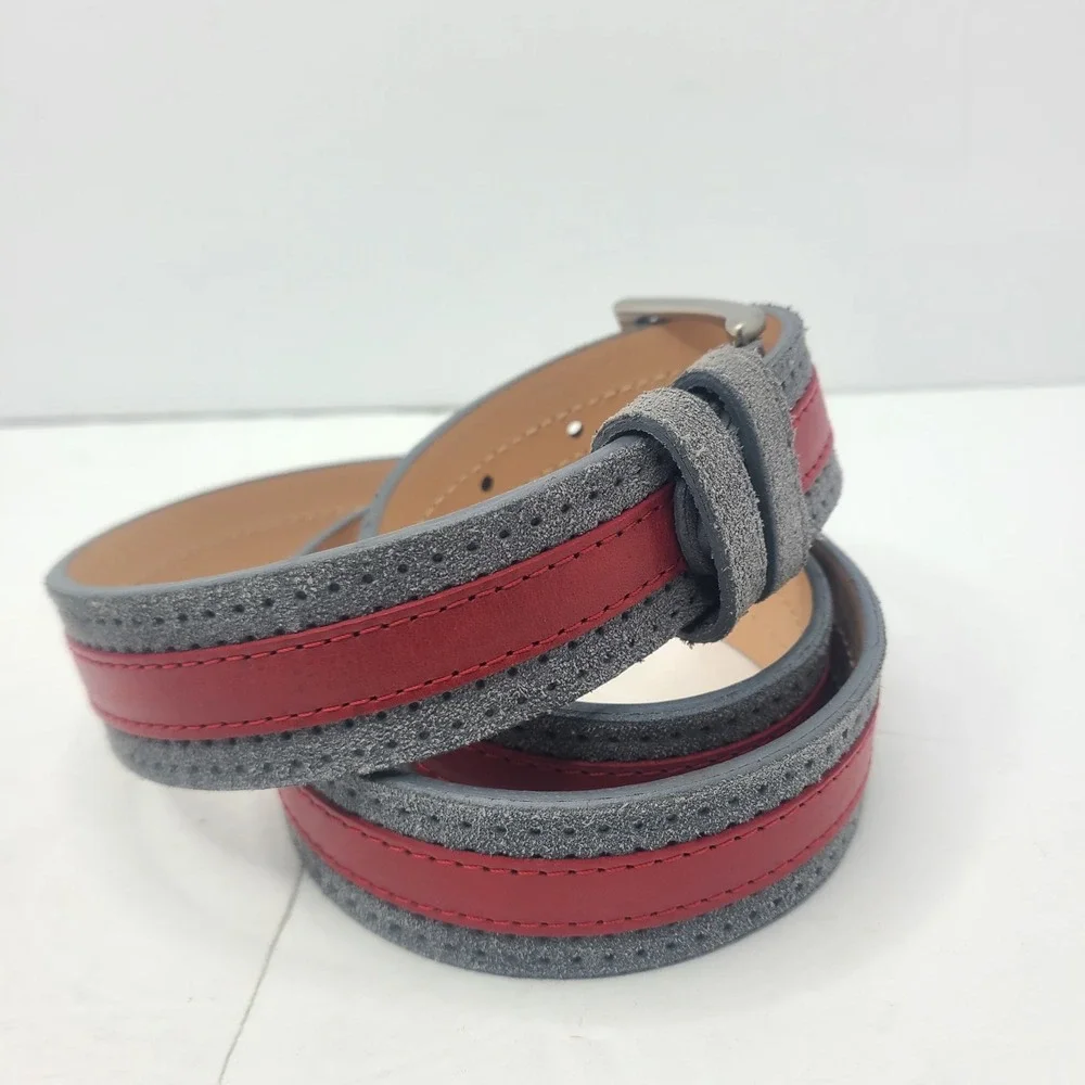 BORRELLI Napoli Men Leather Belt 46 115 Gray Red Dress Luxury Made In Italy